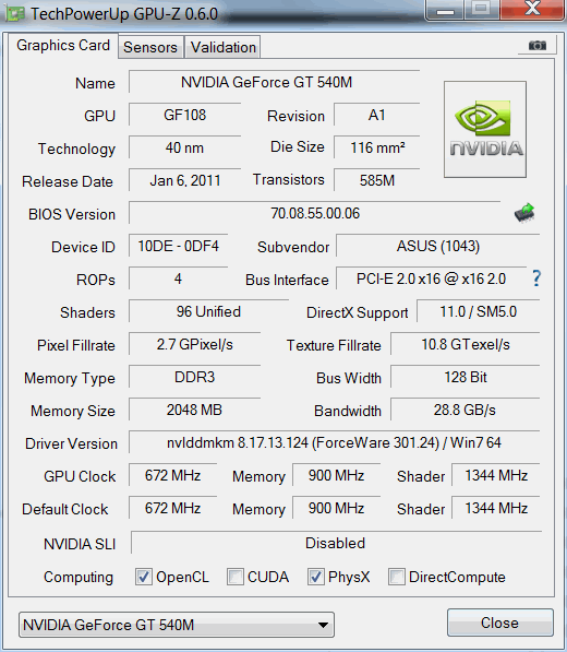 Скриншот GPU-Z от видеокарты GeForce GT 540M